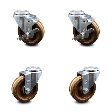 Service Caster 4 Inch High Temp Phenolic Wheel Swivel Bolt Hole Caster Set with 2 Brake SCC SCC-BH20S414-PHSHT-2-TLB-2